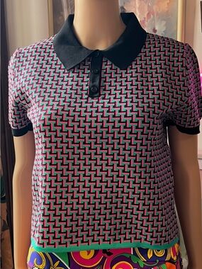 Zara Pink, Teal & Black Geometric Knit Polo Crop Top